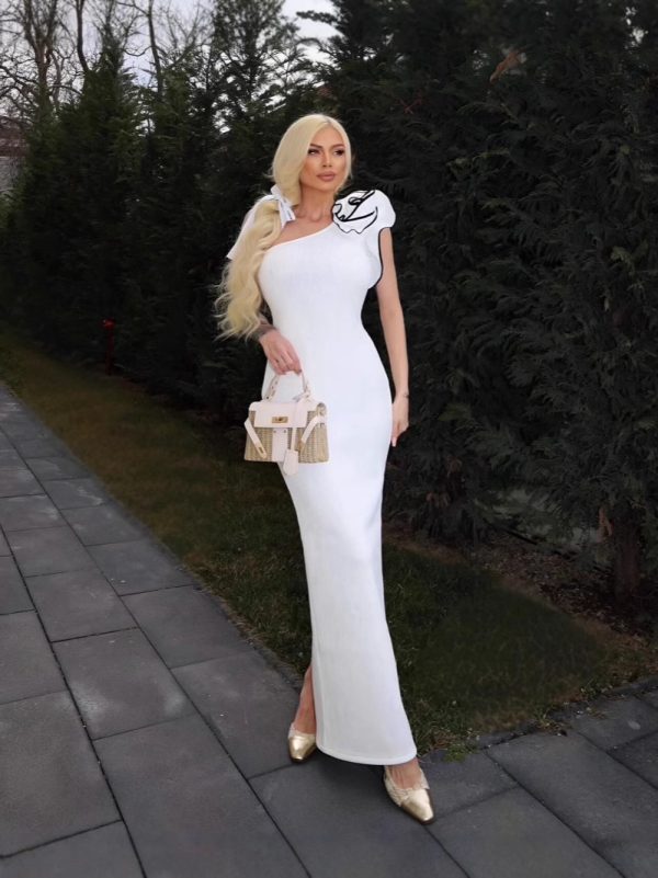 White One-Shoulder Floral Ribbed Knit Long Bandage Dress for Women - Image 3