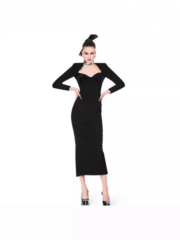 Elegant Women's V-Neck Hot Diamond Bandage Dress – Long Sleeve, Hip-Wrapped, Knitted Tube Top Dinner Outfit