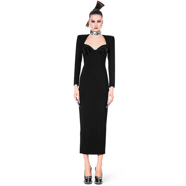 Elegant Women's V-Neck Hot Diamond Bandage Dress – Long Sleeve, Hip-Wrapped, Knitted Tube Top Dinner Outfit - Image 6