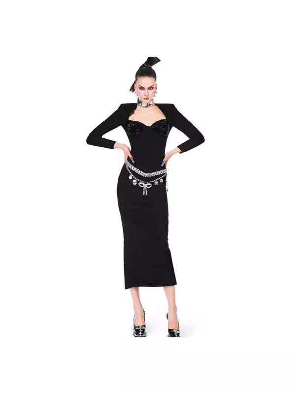 Elegant Women's V-Neck Hot Diamond Bandage Dress – Long Sleeve, Hip-Wrapped, Knitted Tube Top Dinner Outfit - Image 2